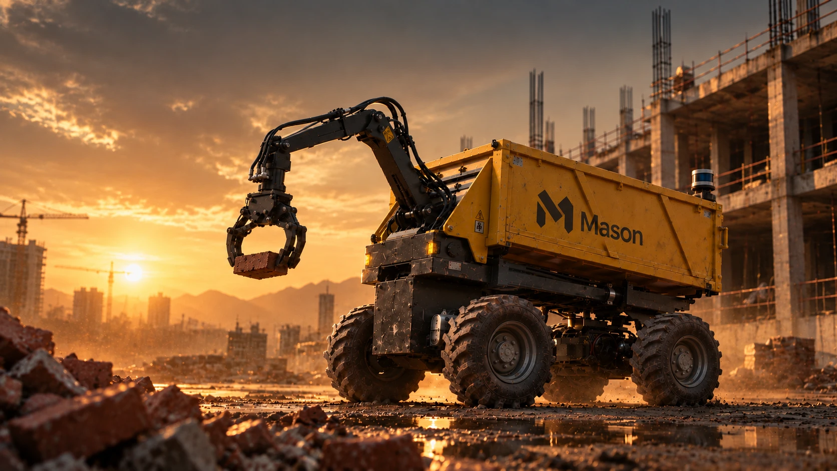 Mason, an autonomous yellow material handling robot with a grabber arm holding a brick, on a construction site at sunset