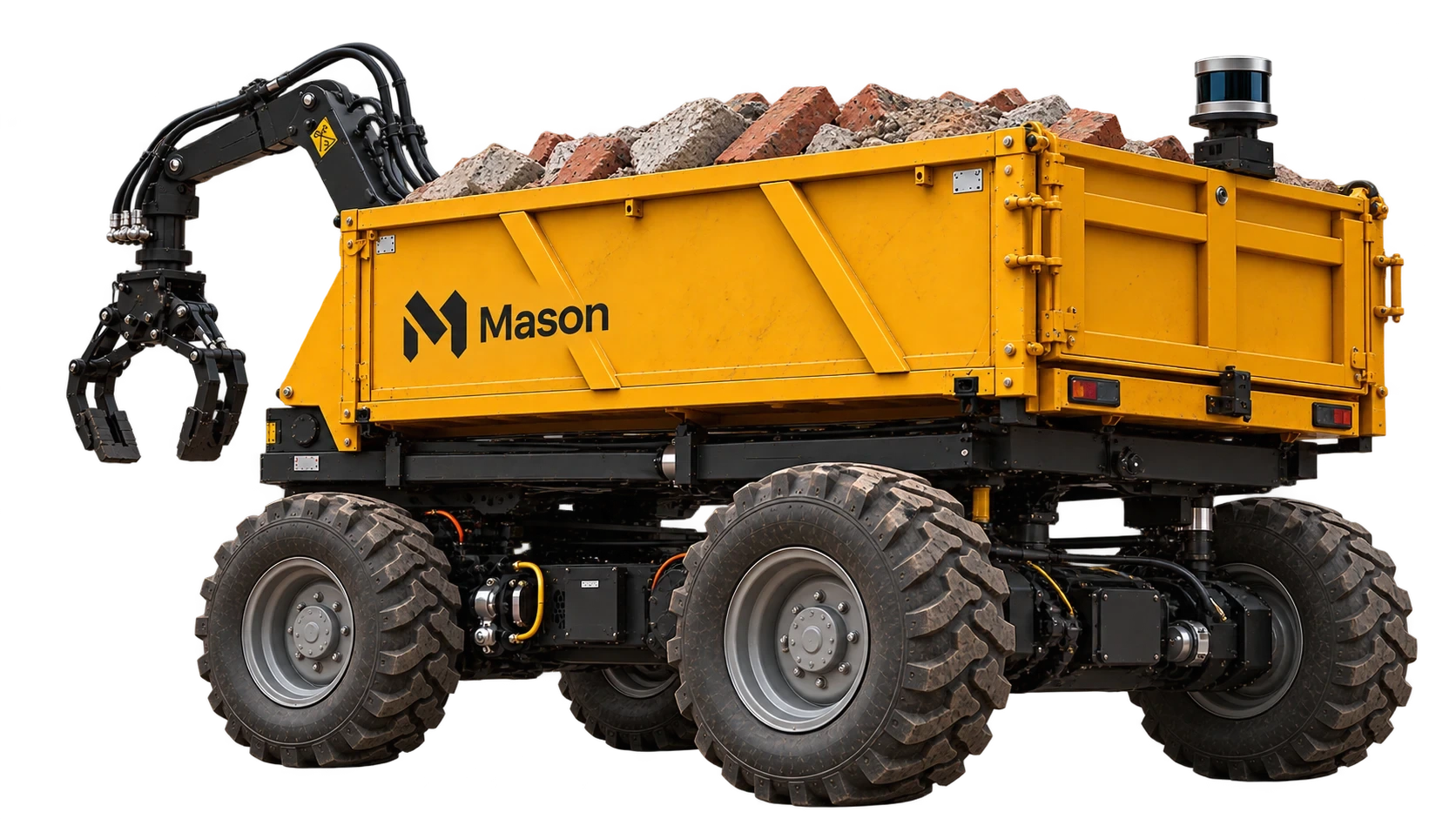 Mason, rear three-quarter view, loaded with bricks and rubble